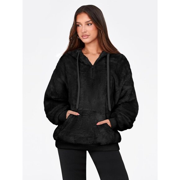 Women Black Oversized Fuzzy Fleece Zip up Hoodie Sweatshirt - Picture 3 of 5